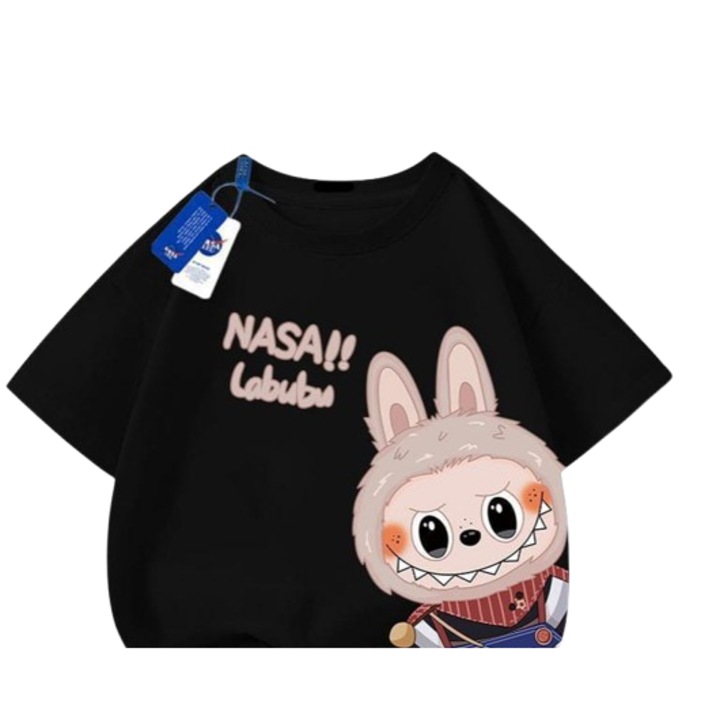 Labubu mintás pamut póló – 100% pamut, kényelem és szórakozás, fekete