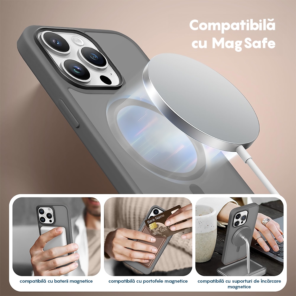 Husa compatibila cu Incarcare Magsafe compatibila cu iPhone 15 Pro, CASEY STUDIOS™, de Protectie, Slim, pentru Incarcare Wireless, Margini Ridicate de Protectia Ecranului si a Camerelor, Gri deschis