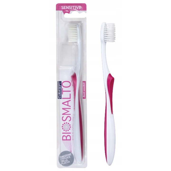 Periuta de dinti Curasept Biosmalto Sensitive, moale, compacta, roz-alb, 1 buc.