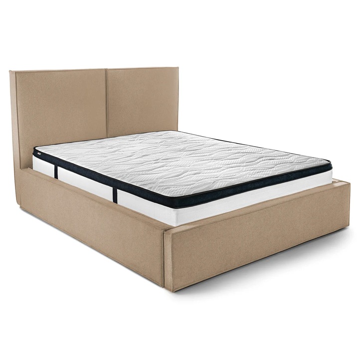 Pat Tapitat Monalisa, 160x200 cm, cu somiera rabatabila si lada depozitare, Bej - Loft