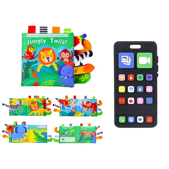 Set de 2 jucarii pentru bebelusi, carte din carton cu animale si jucarie din silicon in forma de telefon, 0-12 luni, verde