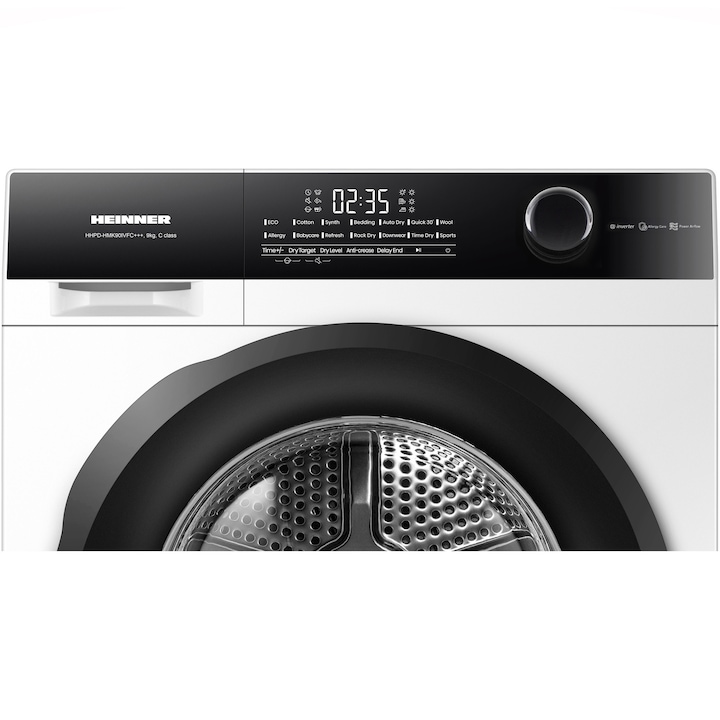 Сушилня Heinner HHPD-HMK90IVFC+++, 9 кг, Клас C, Инверторен мотор, Цифров дисплей, Поставка за сушене на обувки, 14 програми, Бял