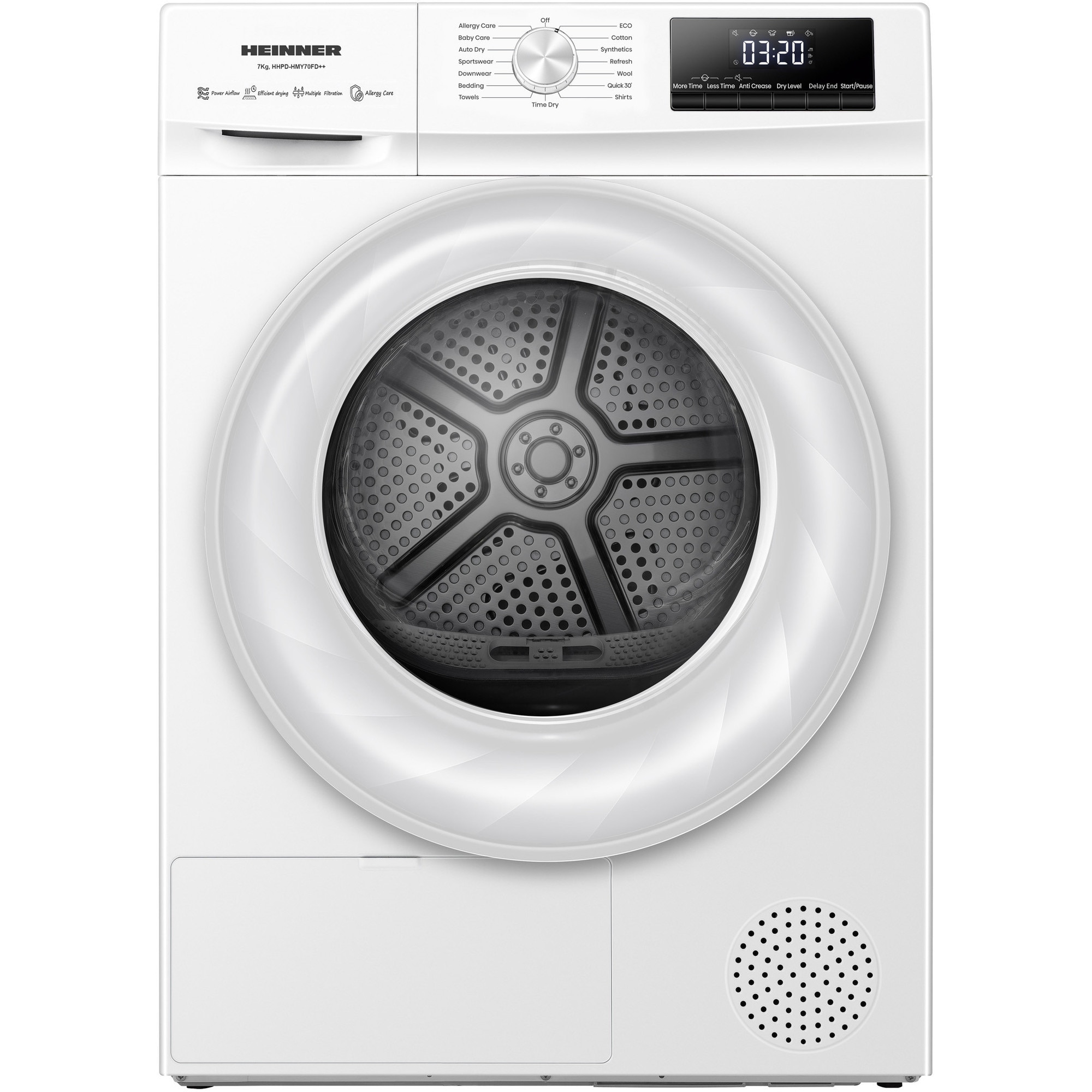 Uscator de rufe cu pompa de caldura Heinner HHPD-HMY70FD++, 7 kg, 15 programe, Clasa D, Display digital, Program rapid 30 min, Program baby care, Program eco, Functie anti-sifonare