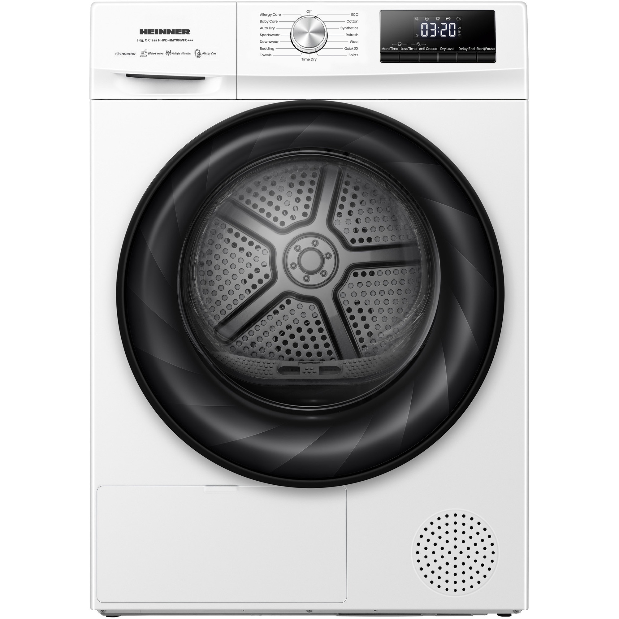 Uscator de rufe cu pompa de caldura Heinner HHPD-HMY80IVFC+++, 8 kg, 15 programre, Clasa C, Motor inverter,Program rapid 30 min, Program eco, Senzor de umiditate, Blocare acces cop