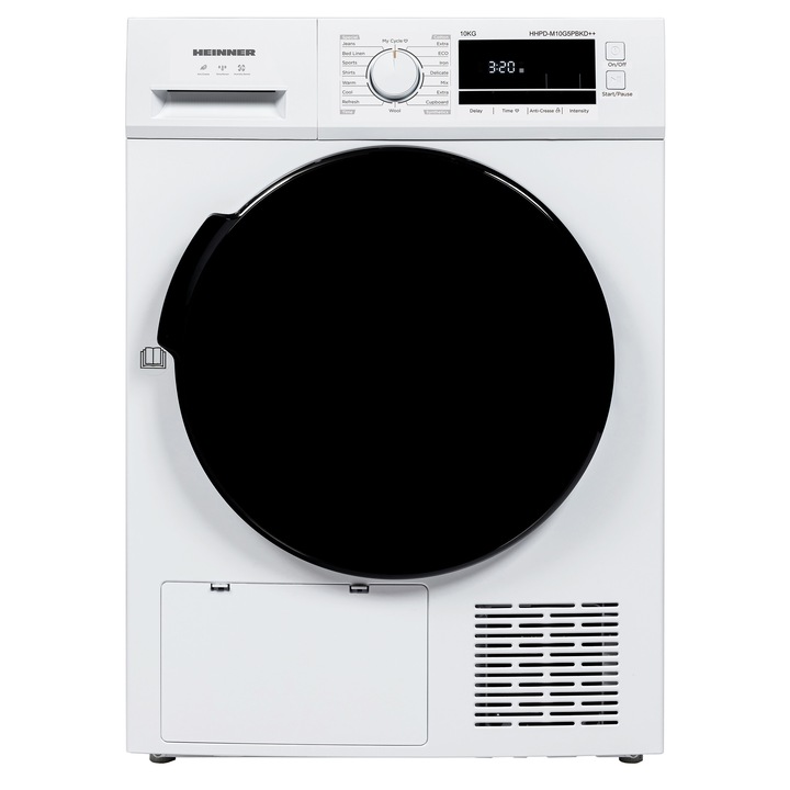 Heinner HHPD-M10G5PBKD++ hőszivattyús szárítógép, 10 kg, D energiaosztály, 16 szárítási program, LED kijelző, szifonellenes funkció, szöszszűrő tisztítási jelző, teli víztartály jelző, gyermekzár, fehér