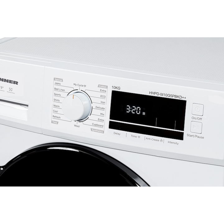 Сушилня HEINNER HHPD-M10G5PBKD++, Термопомпа, 10 кг, Клас D, 16 програми за сушене, LED дисплей, Функция против намачкване, Индикатор за почистване на филтър за мъх, Индикатор за пълен резервоар за вода, Заключване за деца, Бял