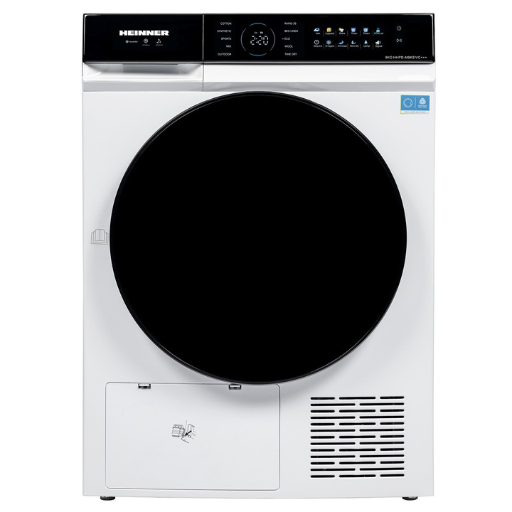 Heinner HHPD-M9K5IVC+++ hőszivattyús szárítógép, 9 kg, C energiaosztály, inverteres motor, 10 program, Érintőképernyős vezérlés, Digitális kijelző, Babaápolási program, Szifonellenes funkció, Páratartalom-érzékelő, Dobvilágítás, Fehér