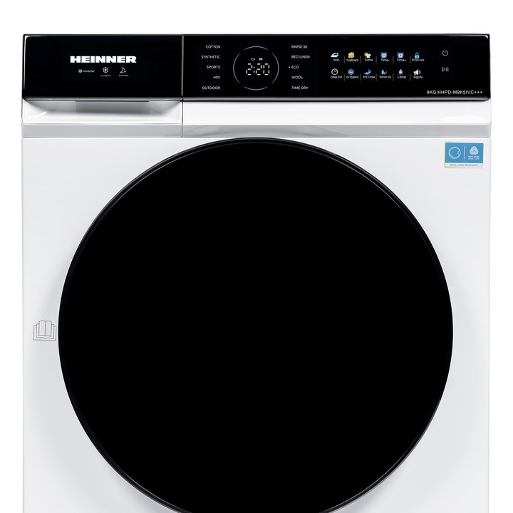 Сушилня HEINNER HHPD-M9K5IVC+++, Термопомпа, 9 кг, Клас C, Инверторен компресор, 10 програми, Тъч контрол, Дигитален дисплей, Програма за бебешки дрехи, Функция против намачкване, Сензор за влажност, Осветление на барабана, Бял