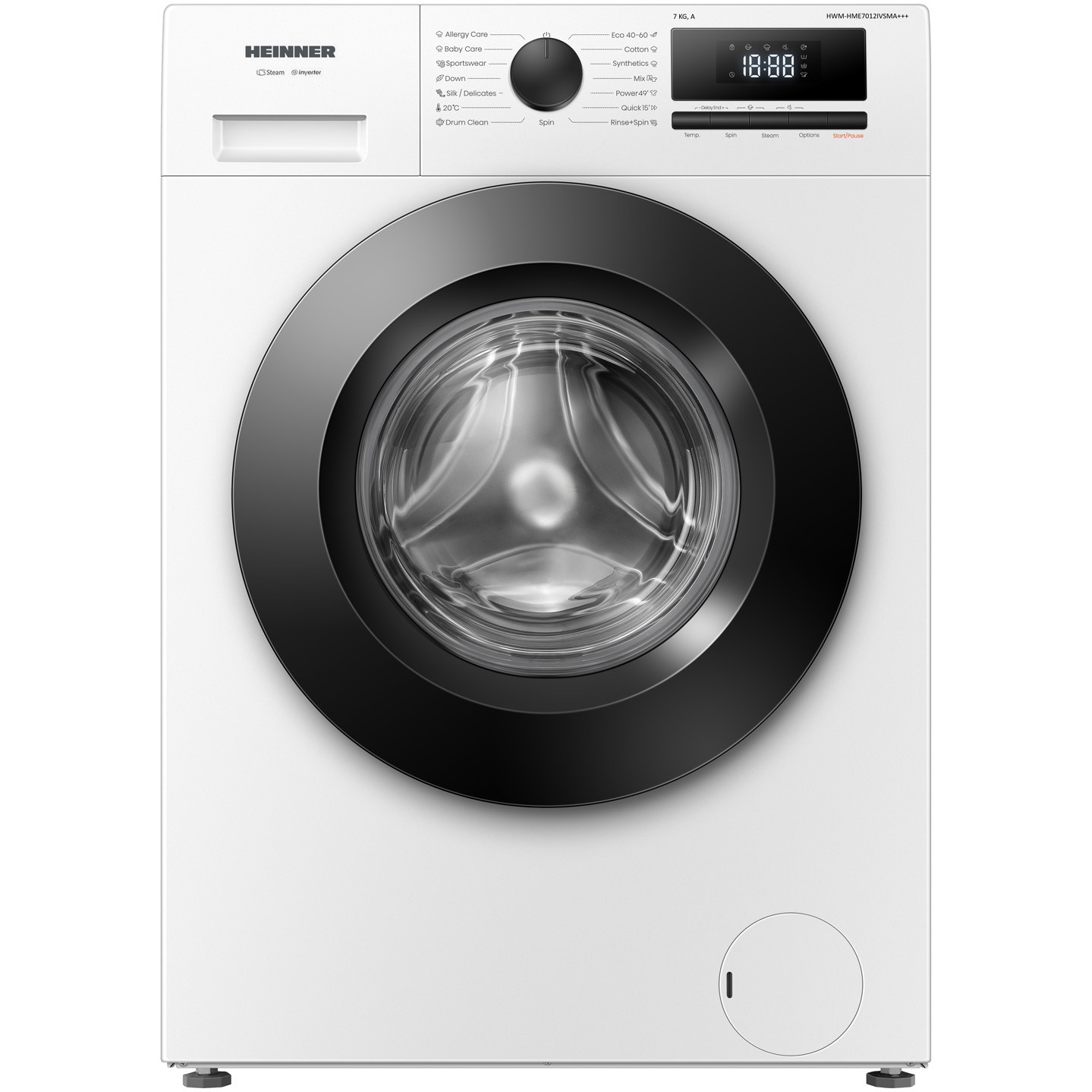Masina de spalat rufe slim Heinner HWM-HME7012IVSMA+++, 7 kg, 1200 rpm, Clasa A, Motor inverter, 15 Programe, Display digital, Program allergy steam, Blocare acces copii, Alb