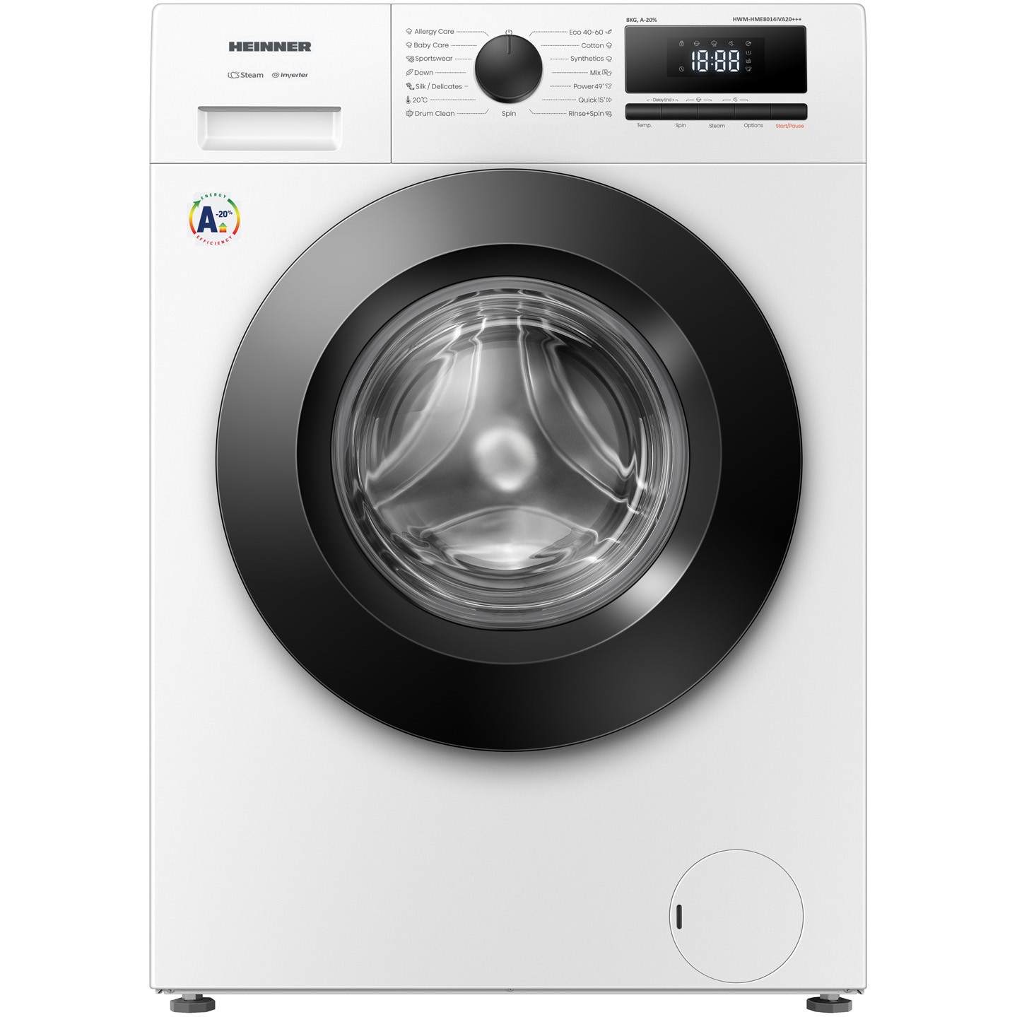 Masina de spalat rufe HEINNER HWM-HME8014IVA20+++, 8 KG, 1400 RPM, Clasa A-20%, MOTOR INVERTER, Display digital, Program Allergy steam, Alb