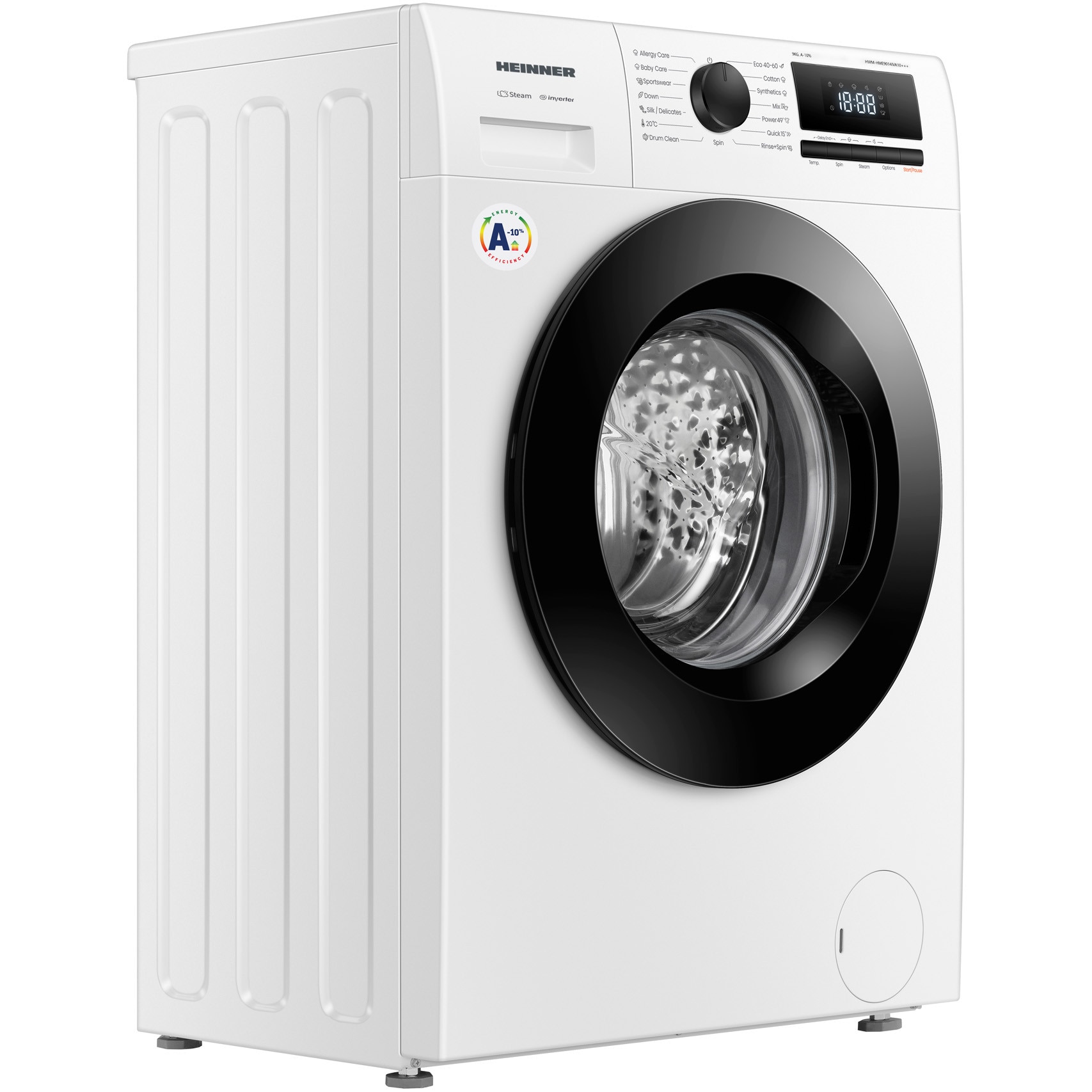 Masina de spalat rufe HEINNER HWM-HME9014IVA10+++, 9 KG, 1400 RPM, Clasa A-10%, MOTOR INVERTER, Display digital, Program Allergy steam, Alb