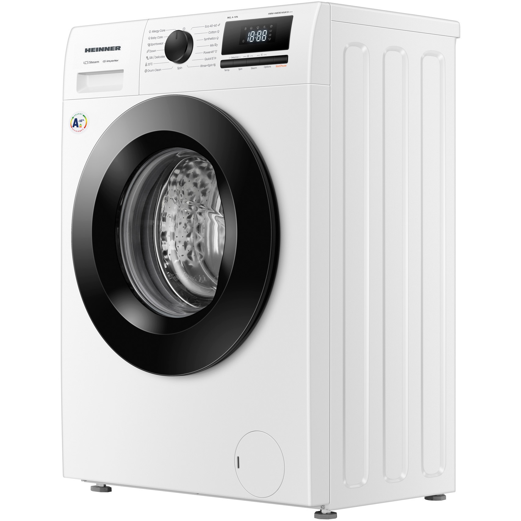 Masina de spalat rufe HEINNER HWM-HME9014IVA10+++, 9 KG, 1400 RPM, Clasa A-10%, MOTOR INVERTER, Display digital, Program Allergy steam, Alb