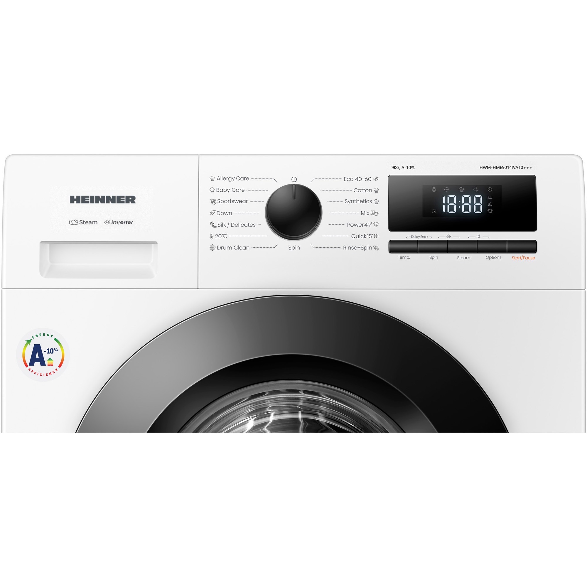 Masina de spalat rufe HEINNER HWM-HME9014IVA10+++, 9 KG, 1400 RPM, Clasa A-10%, MOTOR INVERTER, Display digital, Program Allergy steam, Alb
