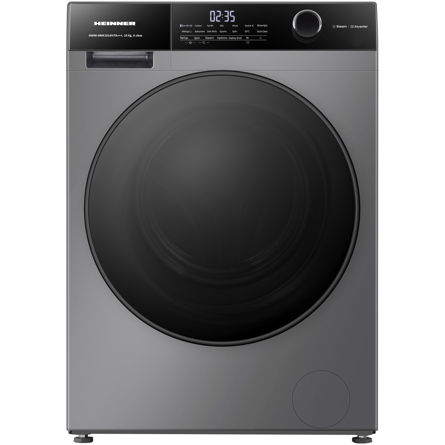 Masina de spalat rufe HEINNER HWM-HMK1014IVTA+++, 10 KG, 1400 RPM, Clasa A, MOTOR INVERTER, Control touch, Display digital, Program Allergy steam, Gri titanium