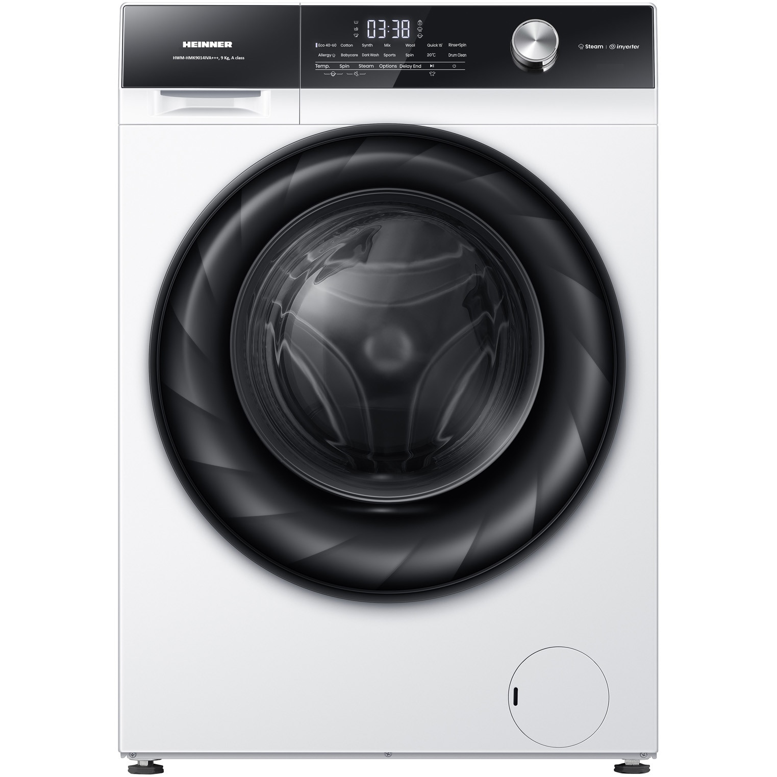 Masina de spalat rufe HEINNER HWM-HMK9014IVA+++, 9 KG, 1400 RPM, Clasa A, MOTOR INVERTER, Control touch, Display digital, Program Allergy steam, Alb