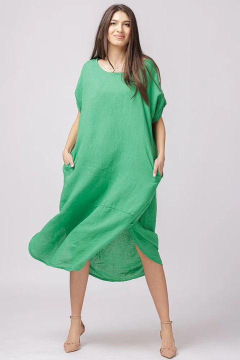 Rochie lalea oversize din in cu buzunare si crapaturi laterale rotunjite, verde, Verde, One Size