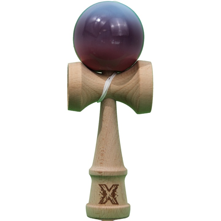 Kendama X Originala, Profesionala, Flippy, Super Sticky din Lemn, 18 cm, Gradient Albastru Deschis/Mov/Roz