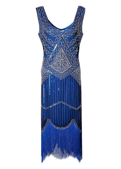 Рокля HAHAEMMA, ретро 20-те години, с пайети и ресни, размер XL, син