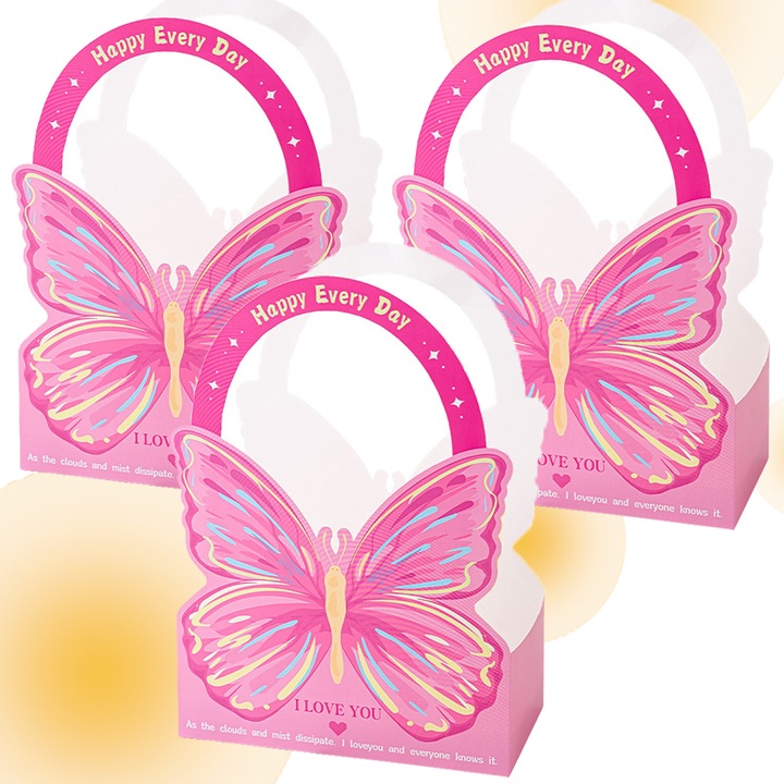 Pungi cadou din hartie groasa (3 bucati), forma de fluture, pungi de petrecere, pungi de bomboane, 21.5cmX11.5cmX30.3cm, articole esentiale pentru sarbatori, rezistente si durabile, potrivite pentru orice sarbatoare, roz