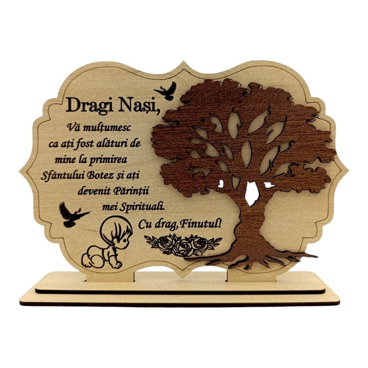 Tablou din Lemn - Cadou Personalizat pentru Nasi - finut – 30x20 cm, crem