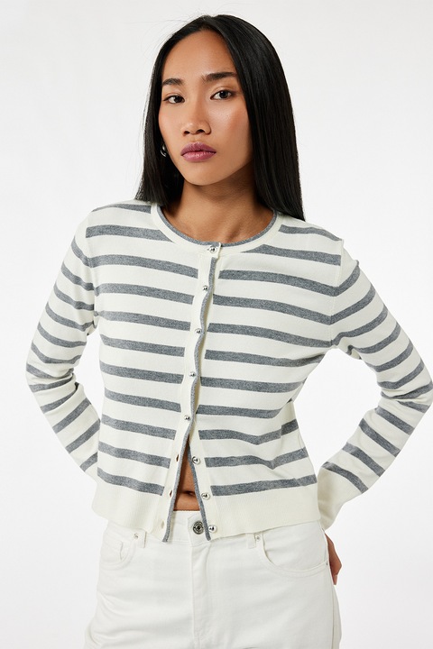 KOTON, Cardigan tricotat fin cu model in dungi, Alb murdar/Gri inchis