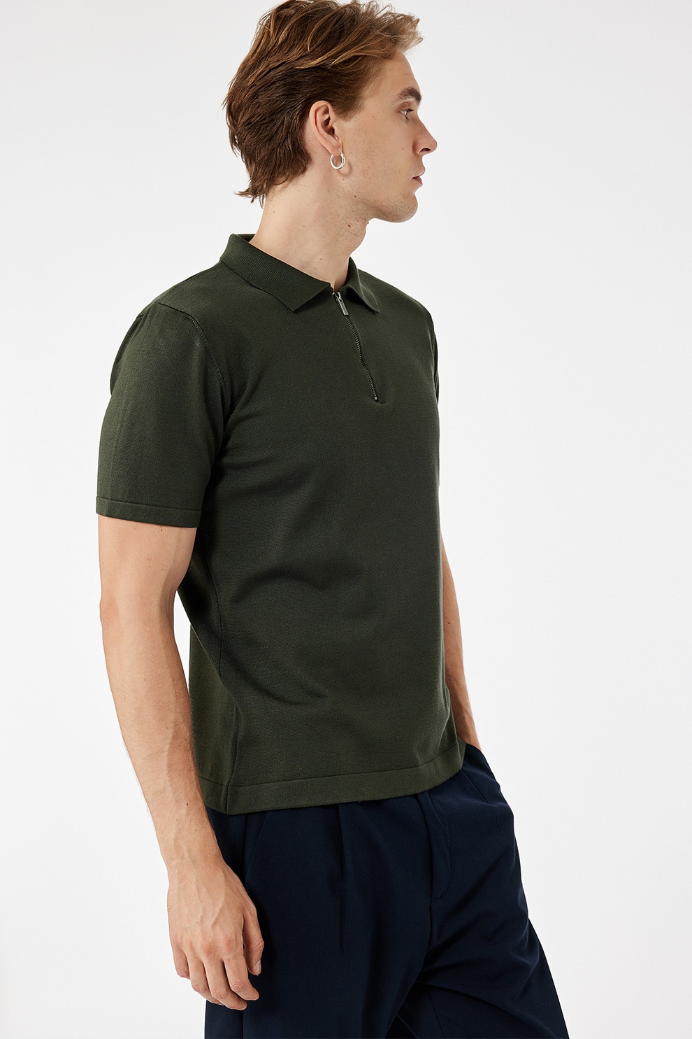 KOTON, Tricou polo cu fermoar scurt, Verde inchis, M