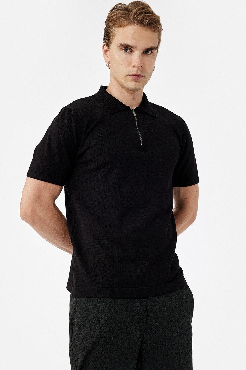 KOTON, Tricou polo cu fermoar scurt, Negru, L