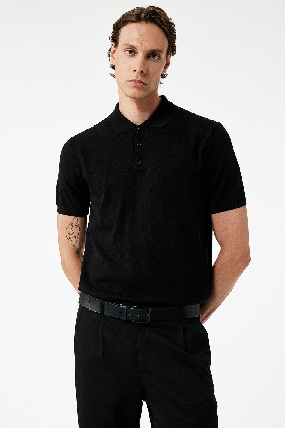 KOTON, Tricou polo cu model uni, Negru, L
