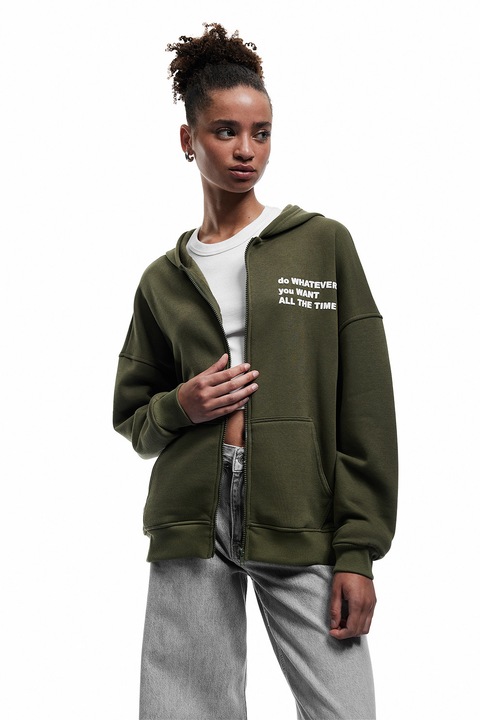 KOTON, Hanorac supradimensionat cu fermoar, Verde inchis, XS