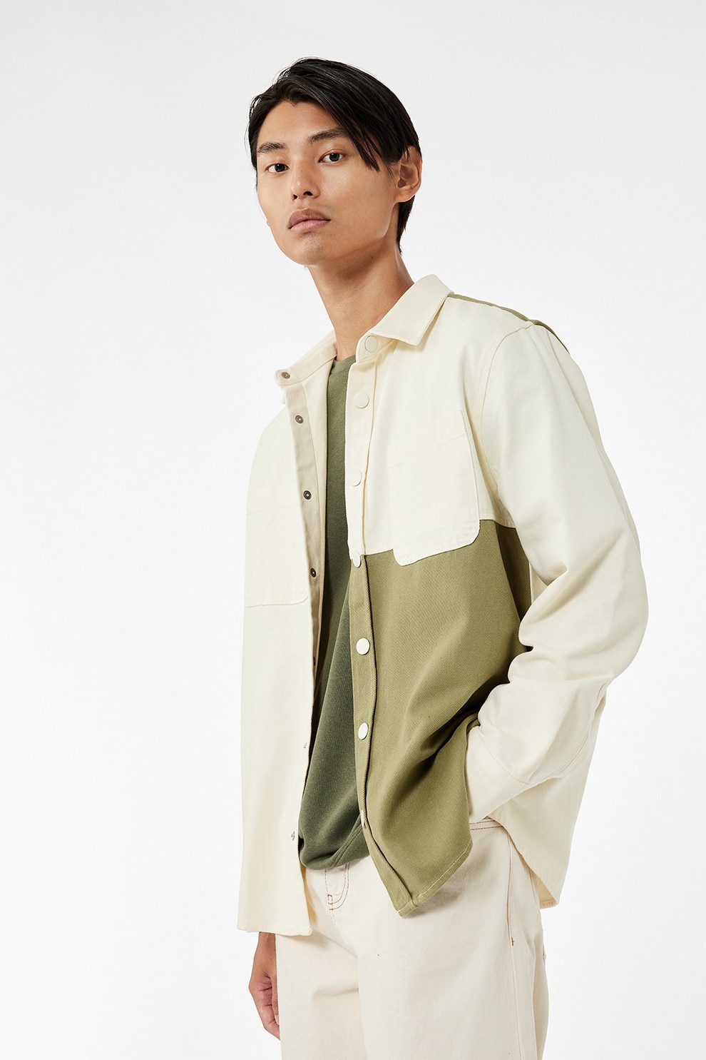 KOTON, Camasa cu buzunare pe piept si model colorblock, Verde, Crem, S