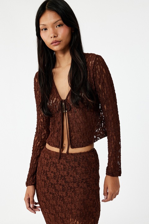 KOTON, Cardigan crop din dantela, Maro cognac, XS