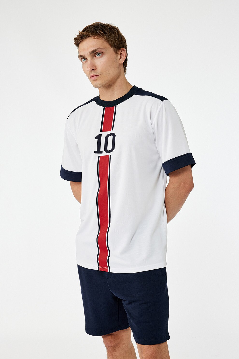 KOTON, Tricou cu imprimeu si decolteu la baza gatului, Rosu, Alb, Albastru ultramarin, S