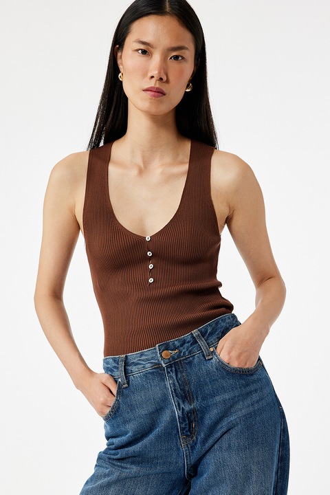 KOTON, Top striat cu decolteu in V, Maro