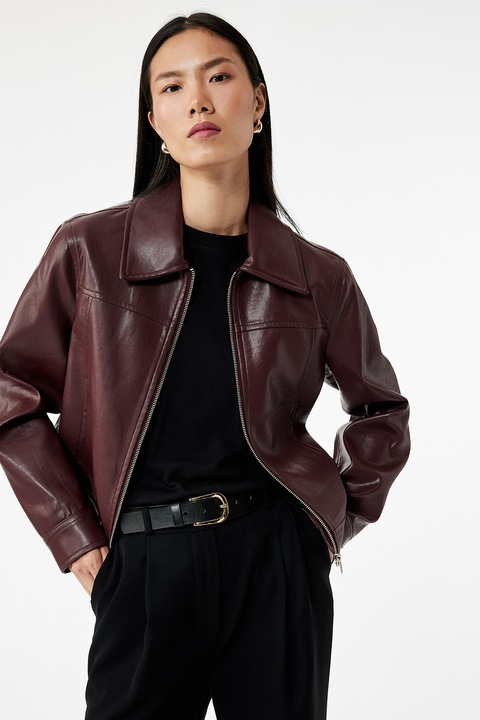 KOTON, Jacheta de piele ecologica cu fermoar, Maro cognac, 44