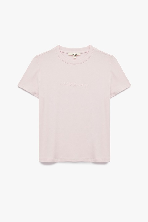 KOTON, Tricou cu broderie si decolteu la baza gatului, Roz pal