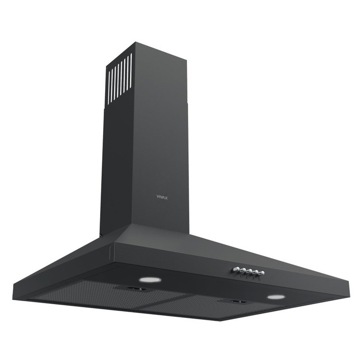 Hota decorativa Vivax CHO-60CHC115T B, 59.6 cm, 115 W, 1 motor, 3 trepte de viteza, debit 452 m³/h, filtru aluminiu lavabil, iluminare LED, Negru