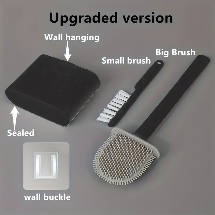 Perie Neagra WC 2in1 CCmax cu 2 perii, Cap Flexibil din Silicon pentru Vasul de Toaleta si Periuta pentru Curatar Locuri Greu Accesibile, cu Suport Autoadeziv pe Perete