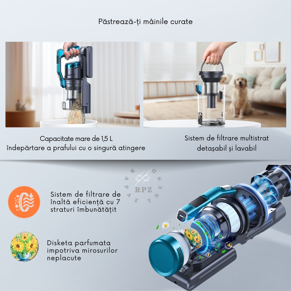 Aspirator vertical fara fir BUTURE VC60, Rapaz,450W, putere mare de aspirare - 38 kPa, 3 viteze, ecran inteligent, autonomie 45–55 min, filtrare 7 straturi, perie anti-par, lumina LED, rezervor 1.5 L, aspirator de mana, accesorii incluse, potrivit pentru