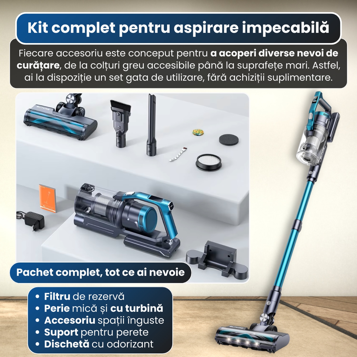 Aspirator vertical fara fir BUTURE VC60, Rapaz,450W, putere mare de aspirare - 38 kPa, 3 viteze, ecran inteligent, autonomie 45–55 min, filtrare 7 straturi, perie anti-par, lumina LED, rezervor 1.5 L, aspirator de mana, accesorii incluse, potrivit pentru