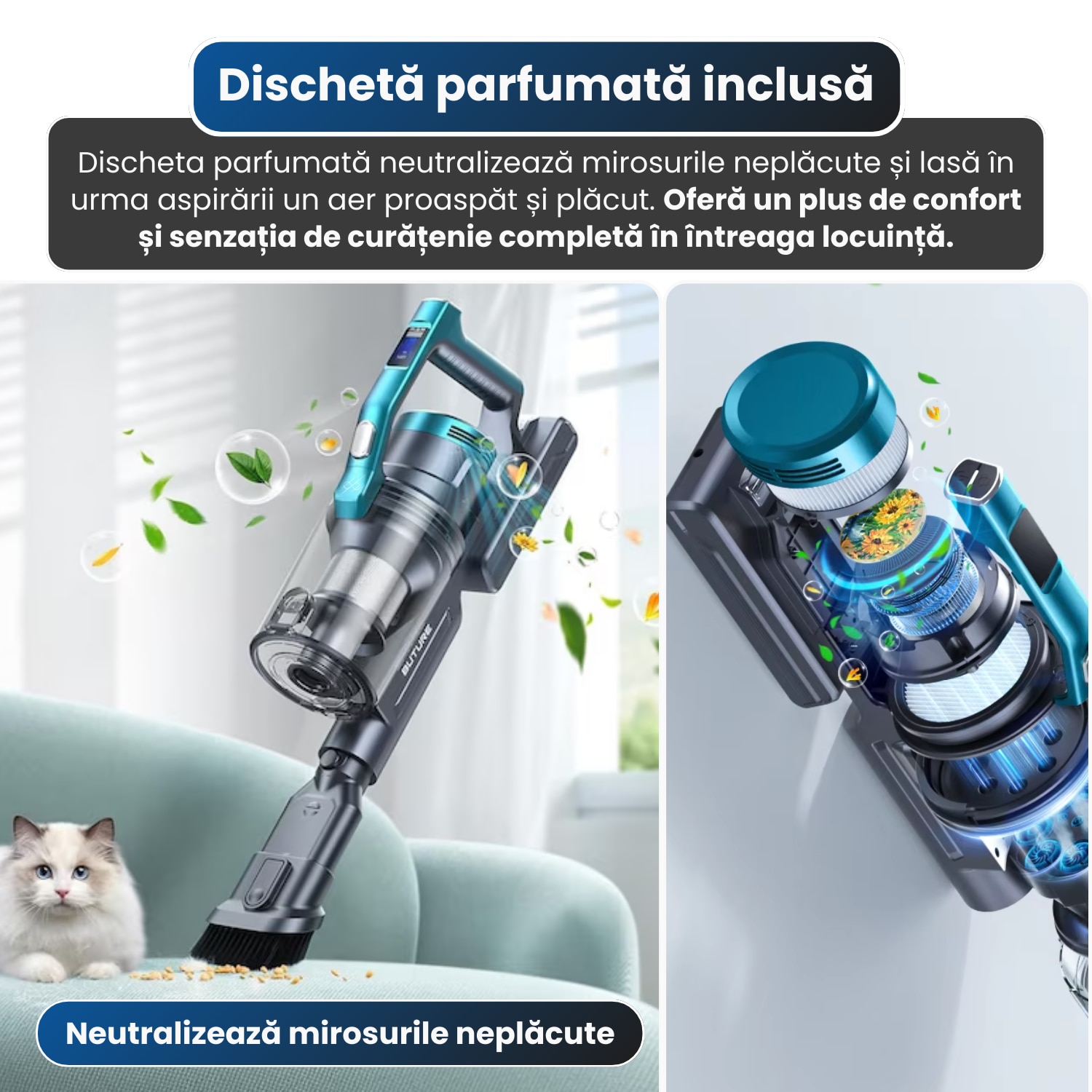 Aspirator vertical fara fir BUTURE VC60, Rapaz,450W, putere mare de aspirare - 38 kPa, 3 viteze, ecran inteligent, autonomie 45–55 min, filtrare 7 straturi, perie anti-par, lumina LED, rezervor 1.5 L, aspirator de mana, accesorii incluse, potrivit pentru