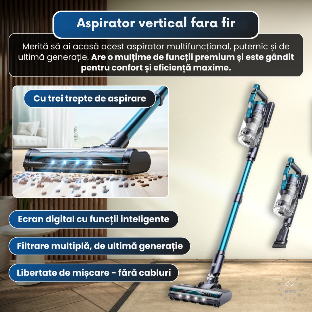 Aspirator vertical fara fir BUTURE VC60, Rapaz,450W, putere mare de aspirare - 38 kPa, 3 viteze, ecran inteligent, autonomie 45–55 min, filtrare 7 straturi, perie anti-par, lumina LED, rezervor 1.5 L, aspirator de mana, accesorii incluse, potrivit pentru
