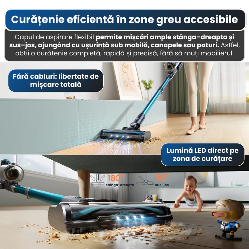 Aspirator vertical fara fir BUTURE VC60, Rapaz,450W, putere mare de aspirare - 38 kPa, 3 viteze, ecran inteligent, autonomie 45–55 min, filtrare 7 straturi, perie anti-par, lumina LED, rezervor 1.5 L, aspirator de mana, accesorii incluse, potrivit pentru