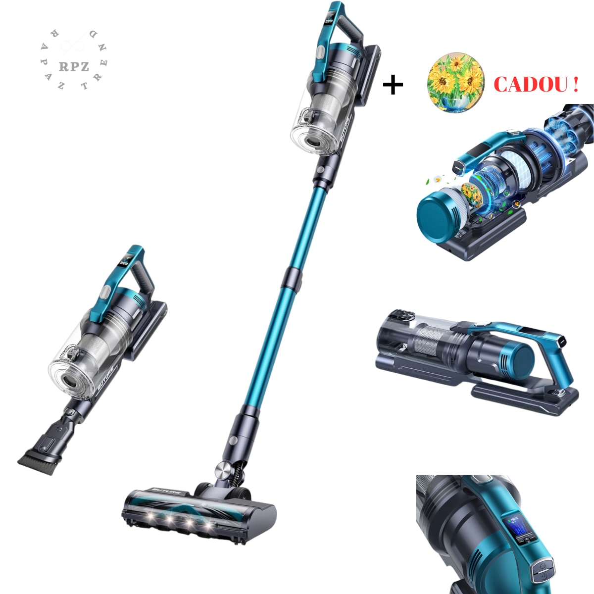 Aspirator vertical fara fir BUTURE VC60, Rapaz,450W, putere mare de aspirare - 38 kPa, 3 viteze, ecran inteligent, autonomie 45–55 min, filtrare 7 straturi, perie anti-par, lumina LED, rezervor 1.5 L, aspirator de mana, accesorii incluse, potrivit pentru