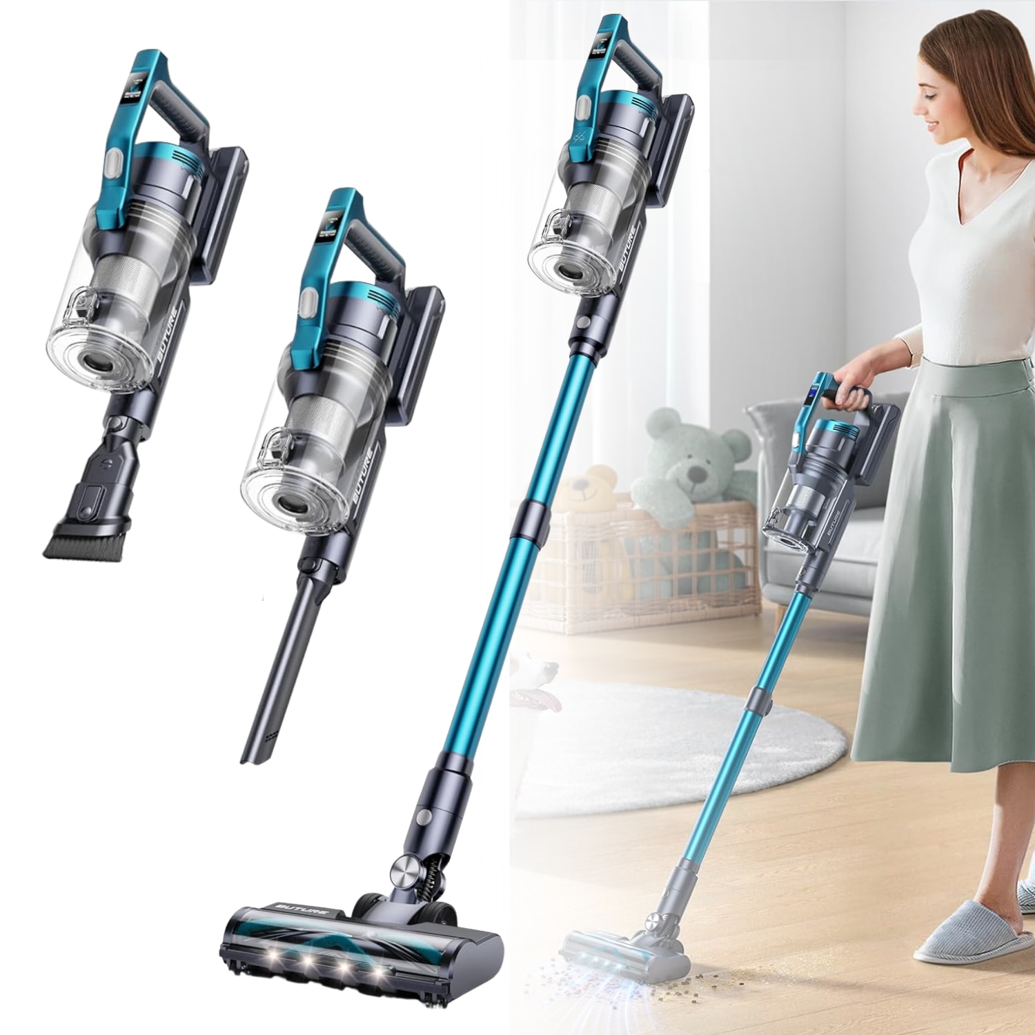 Aspirator vertical fara fir BUTURE VC60, Rapaz,450W, putere mare de aspirare - 38 kPa, 3 viteze, ecran inteligent, autonomie 45–55 min, filtrare 7 straturi, perie anti-par, lumina LED, rezervor 1.5 L, aspirator de mana, accesorii incluse, potrivit pentru