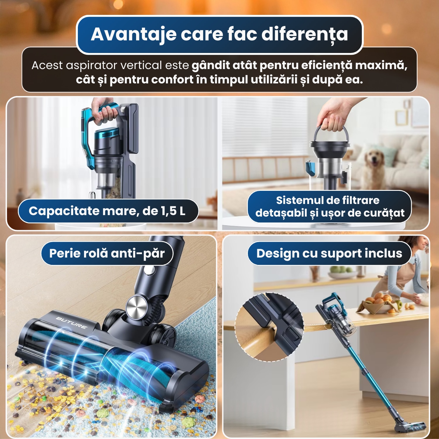 Aspirator vertical fara fir BUTURE VC60, Rapaz,450W, putere mare de aspirare - 38 kPa, 3 viteze, ecran inteligent, autonomie 45–55 min, filtrare 7 straturi, perie anti-par, lumina LED, rezervor 1.5 L, aspirator de mana, accesorii incluse, potrivit pentru