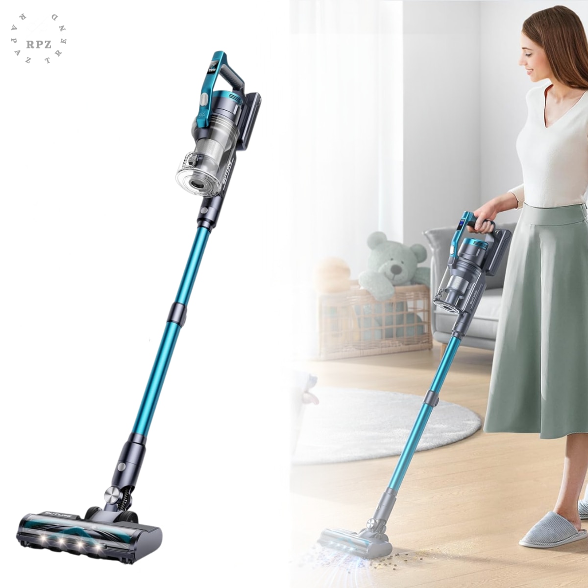 Aspirator vertical fara fir BUTURE VC60, 450W, putere mare de aspirare - 38 kPa, 3 viteze, autonomie 45–55 min, 7 straturi, perie anti-par, lumina LED, rezervor 1.5 L, aspirator de mana, accesorii incluse, potrivit pentru par de animale, albastru