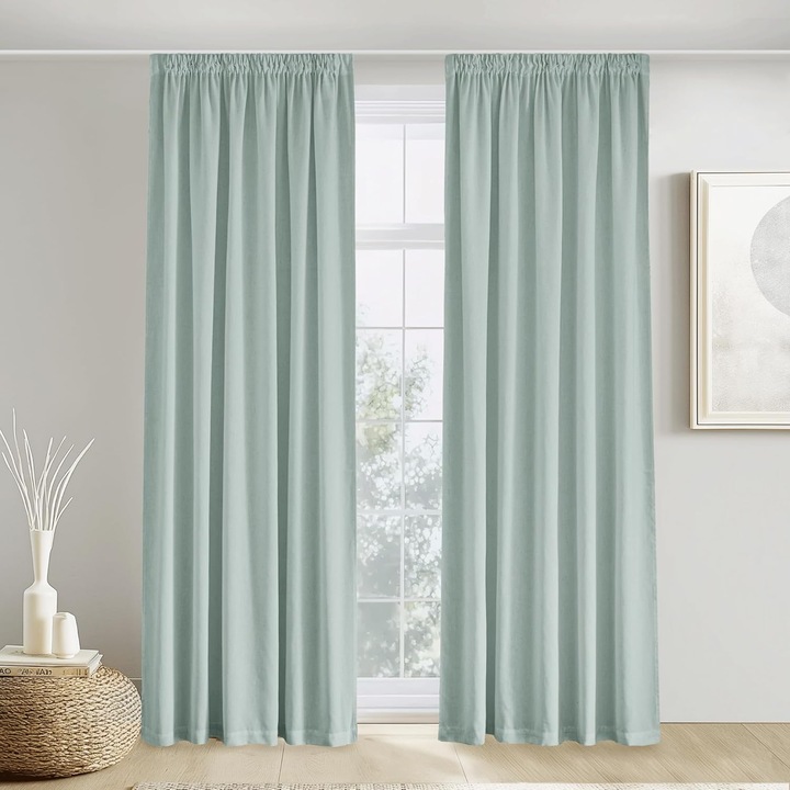 Set 2 perdele moderne, 140x220 cm, Aspect de in, Semi-Transparente, lavabile, Prindere tip Rejansa, pentru dormitor/living, Verde Sage