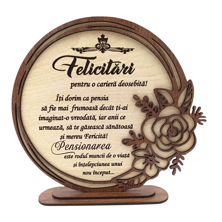 Cadou personalizat pentru Pensionara din lemn cu rama trandafir - 22cm, crem