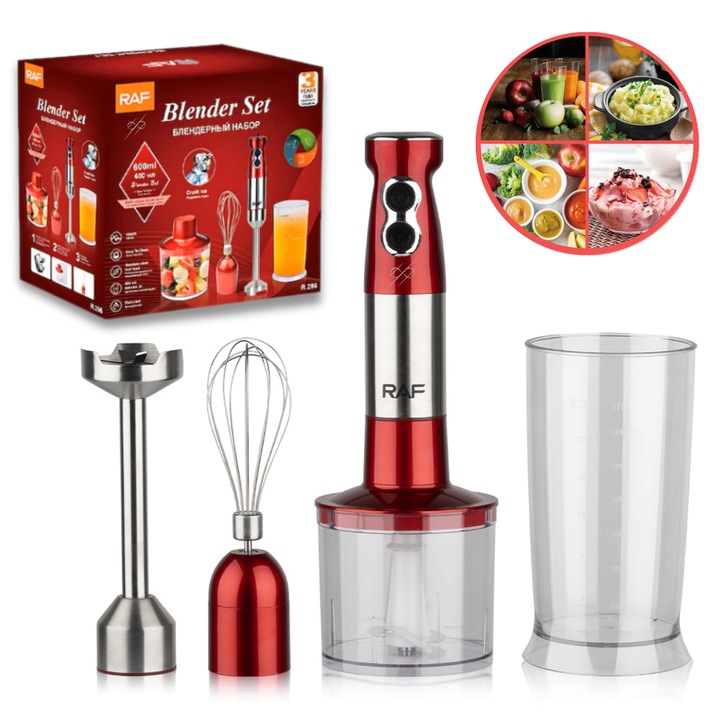 Set Blender 4 in 1 RAF Rapaz, Blender multifunctional, Mixer Tocare, Macinare, Pasare, Amestecare, Mixare, Portabil si compact, Putere de 600W, Capacitate 600 ml, Accesorii incluse, Rosu-argintiu