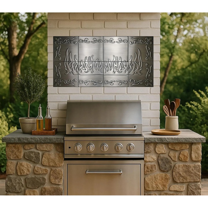 Set 8 placi metalice 120 × 60 cm cu motiv al flacarilor, lucrate manual din otel inoxidabil periat, cupru sau alama; arta decorativa moderna pentru protectia peretelui in bucatarie, semineu, living sau spatii comerciale, finisaj premium si textura unica